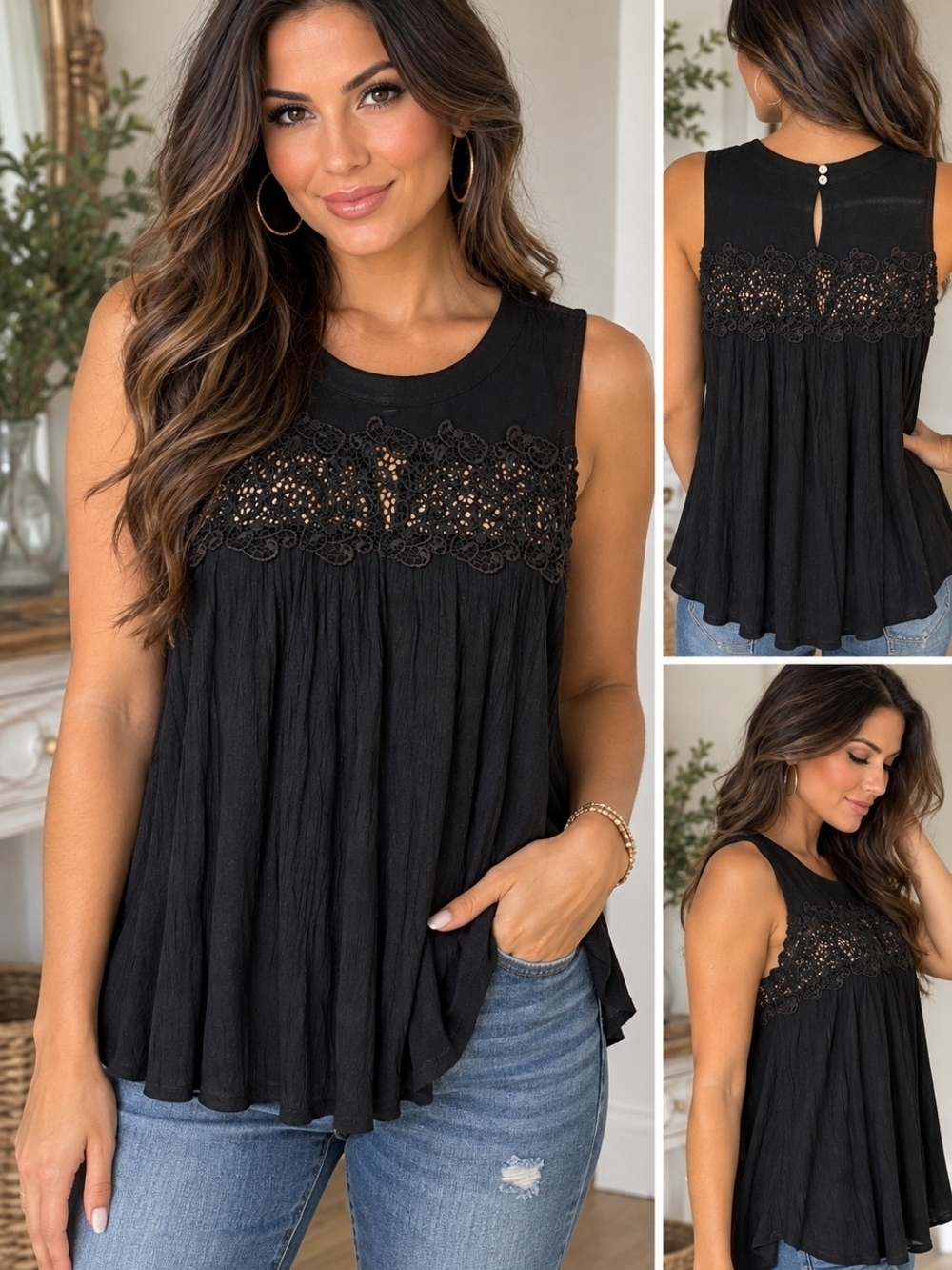 Romantic Couture Black Lace Sleeveless Flowy Top Size Medium